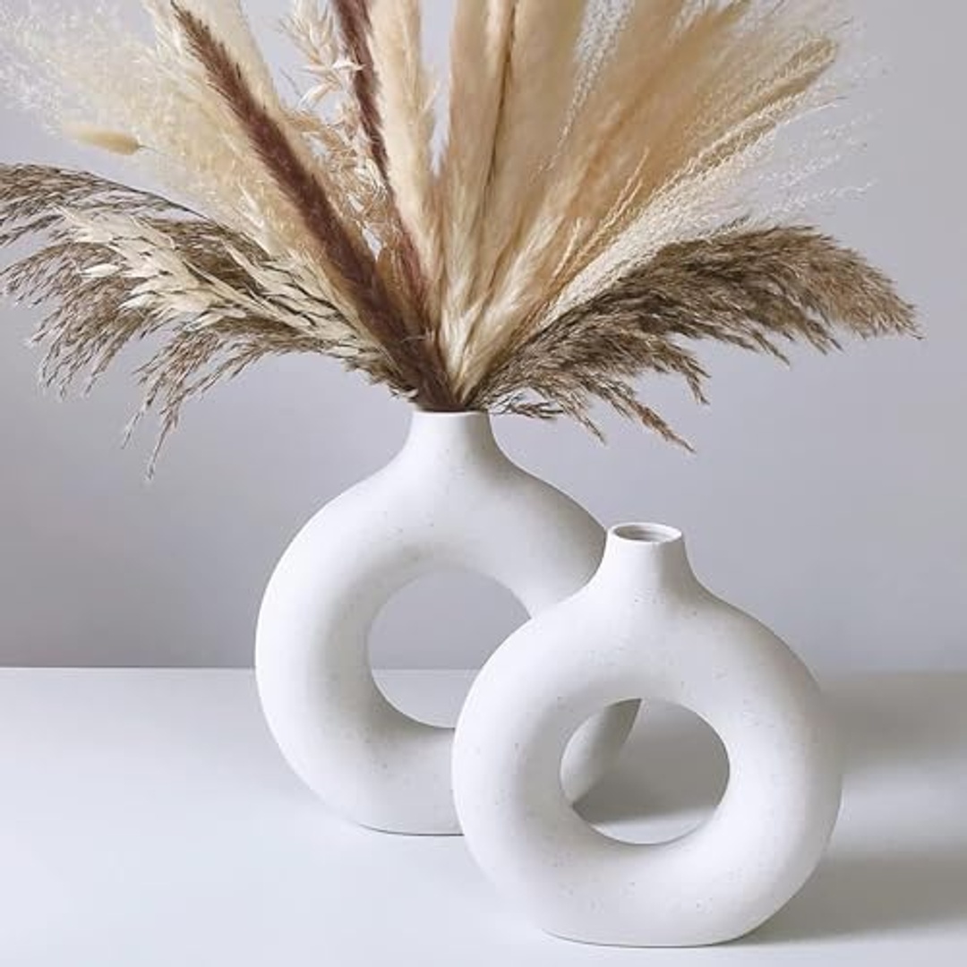 طقم فازة سيراميك للديكور المنزلي - 2 قطعة - أبيض