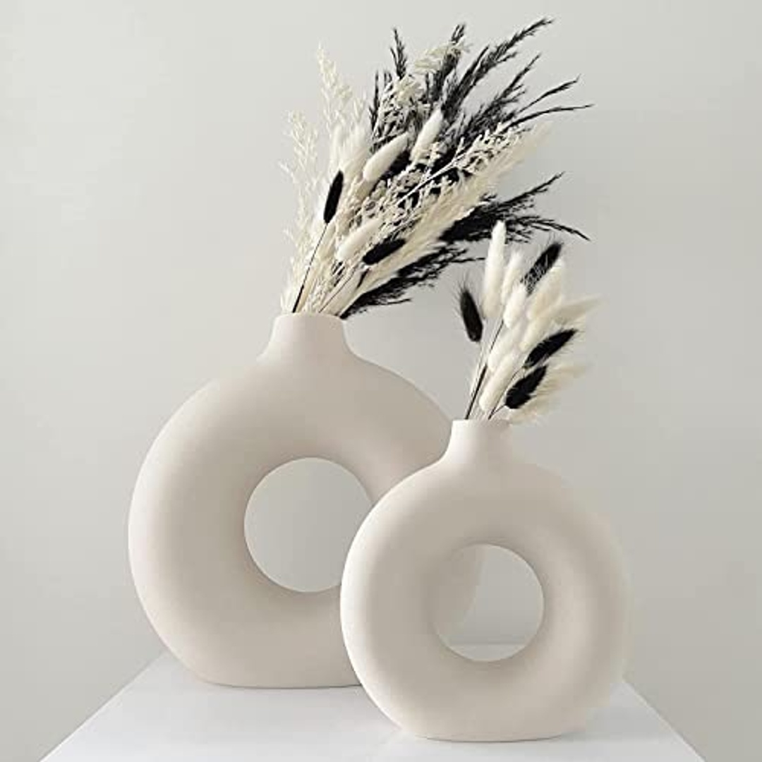 طقم فازة سيراميك للديكور المنزلي - 2 قطعة - بيج