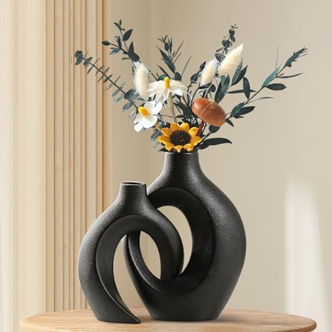 طقم فازة سيراميك للديكور المنزلي - 2 قطعة - أسود