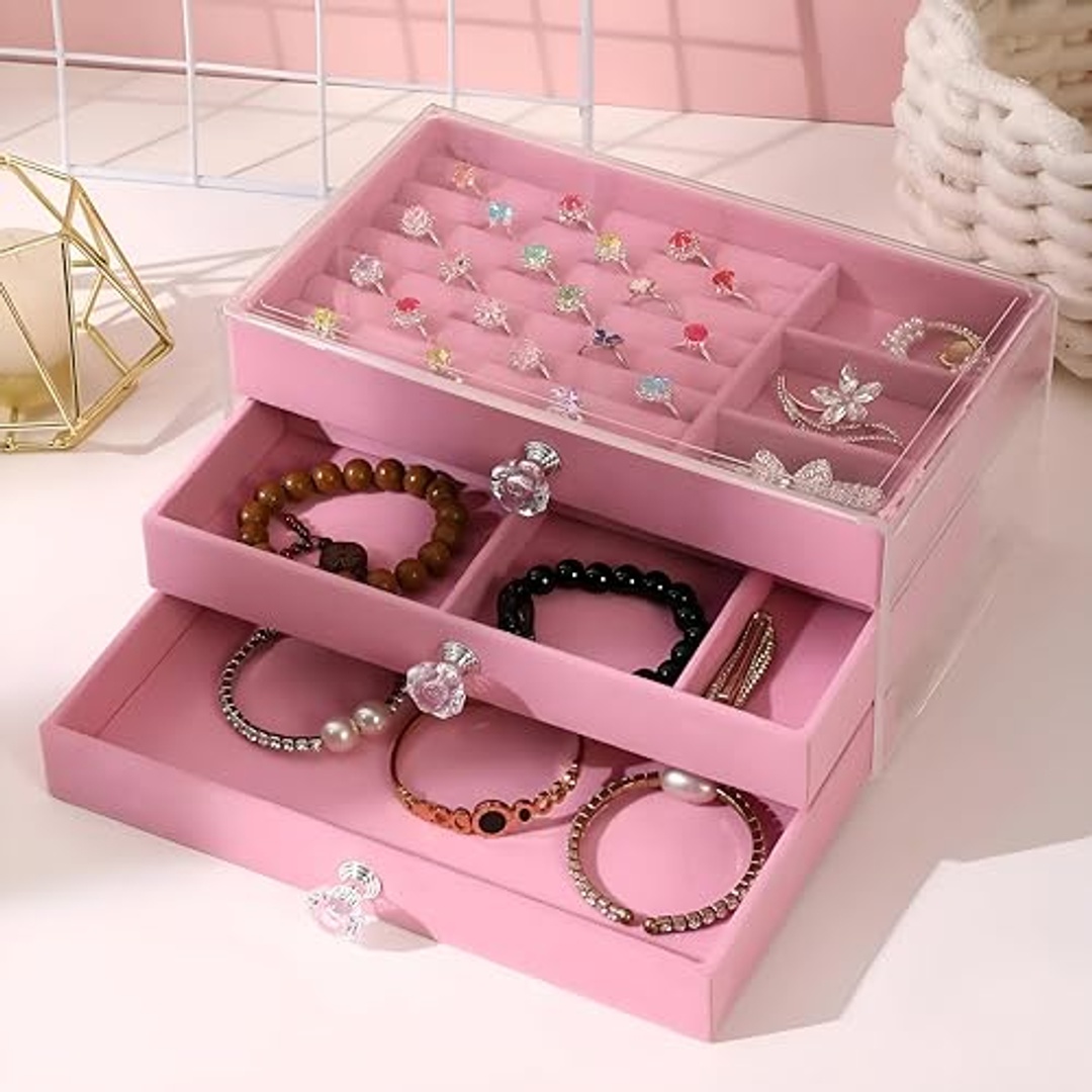 صندوق مجوهرات أكريليك مع 3 أدراج - 23 سم - بينك