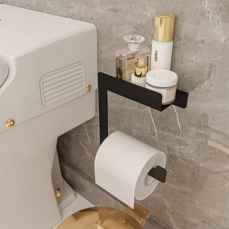 حامل مناديل تويليت ستانلس ستيل مع رف صغير - اسود