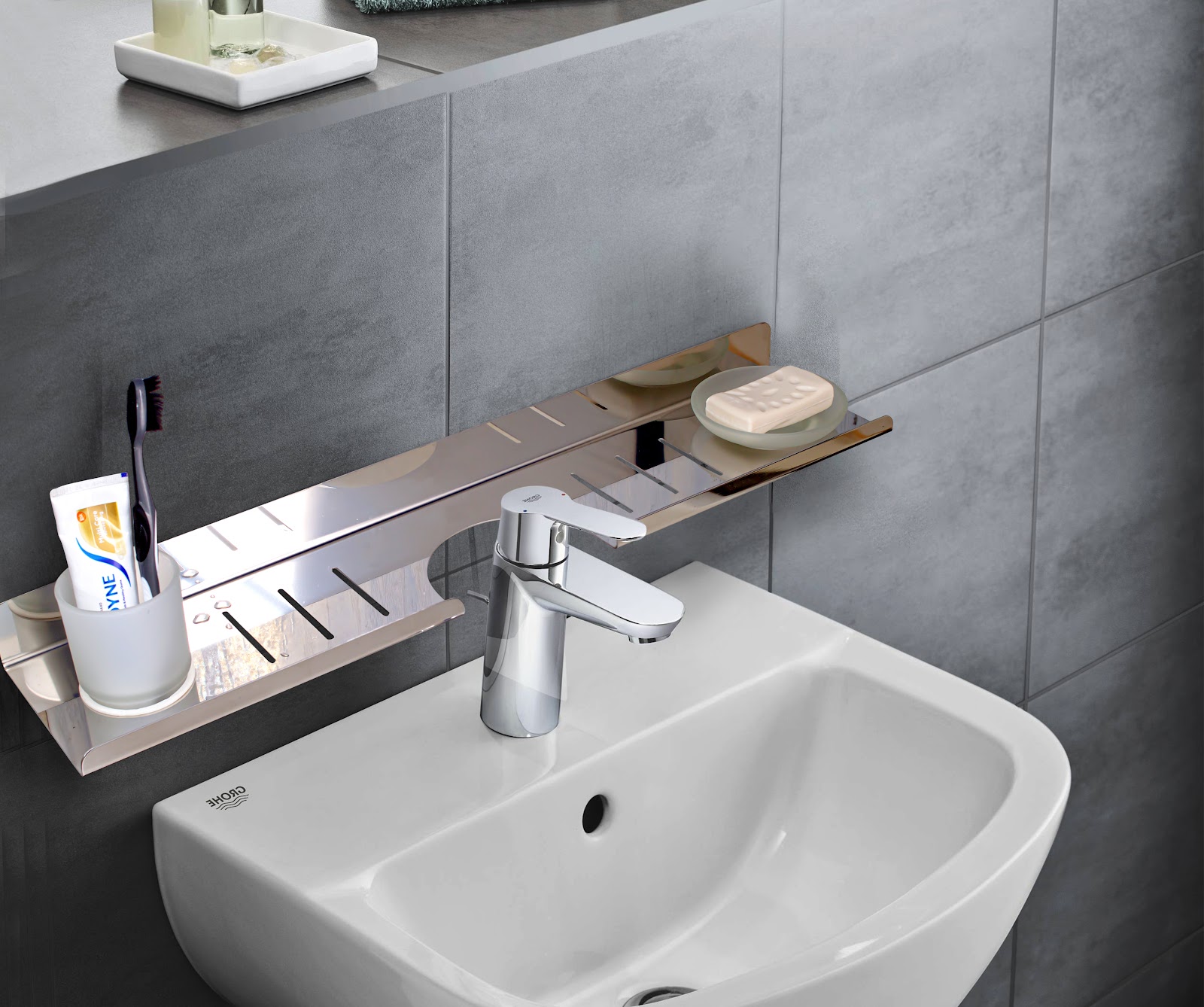 منظم لوحدة الحوض ستانلس بصبانة وكوب لفرش الاسنان - فضي