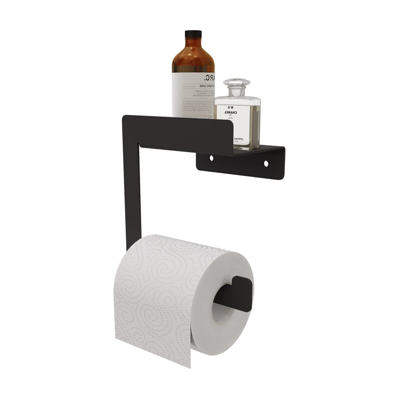حامل مناديل تويليت ستانلس ستيل مع رف صغير - اسود