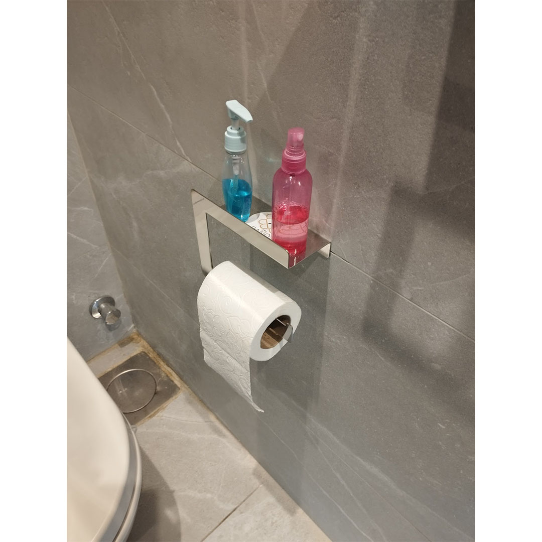 حامل مناديل تويليت ستانلس ستيل مع رف صغير - فضي