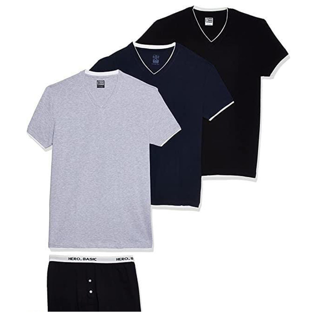 هيرو بيسيك تيشيرتات برقبة V مزدوجة رجالي - 3 قطع مع بوكسر هدية