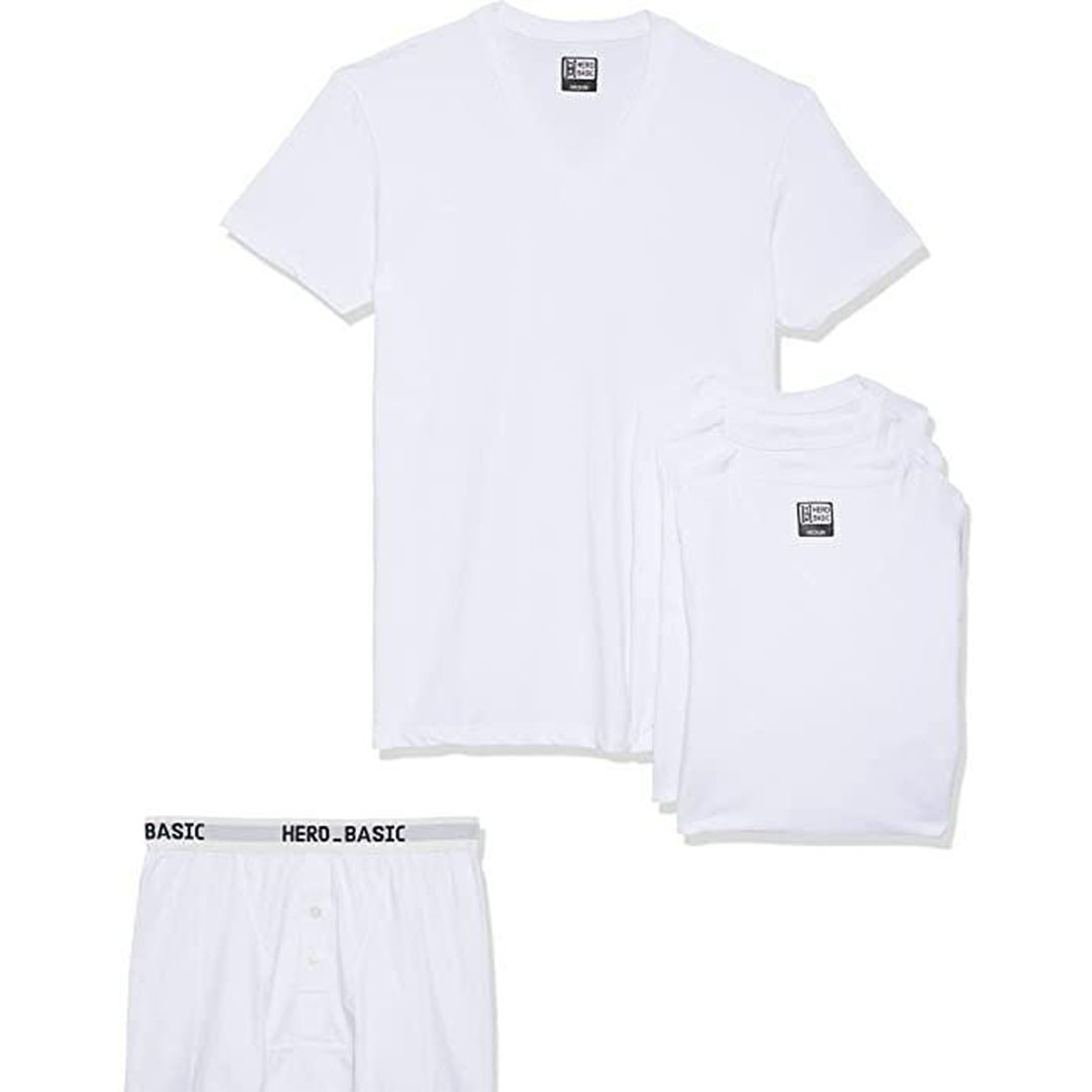 هيرو بيسيك تيشيرتات برقبة V رجالي - 4 قطع مع بوكسر هدية