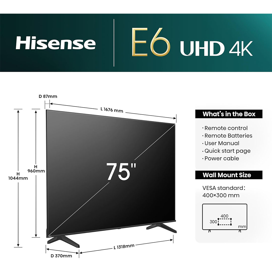 تلفزيون سمارت هايسينس 75 بوصة - 4K UHD - نظام تشغيل E6N-Dolby - أسود - 75A6N