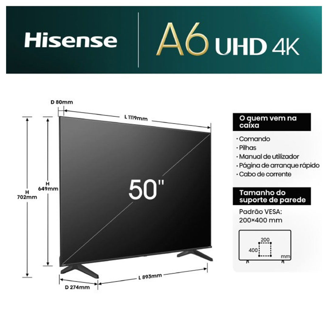 تلفزيون سمارت هايسينس 50 بوصة - 4K UHD - نظام تشغيل VIDAA - أسود - 50A6N