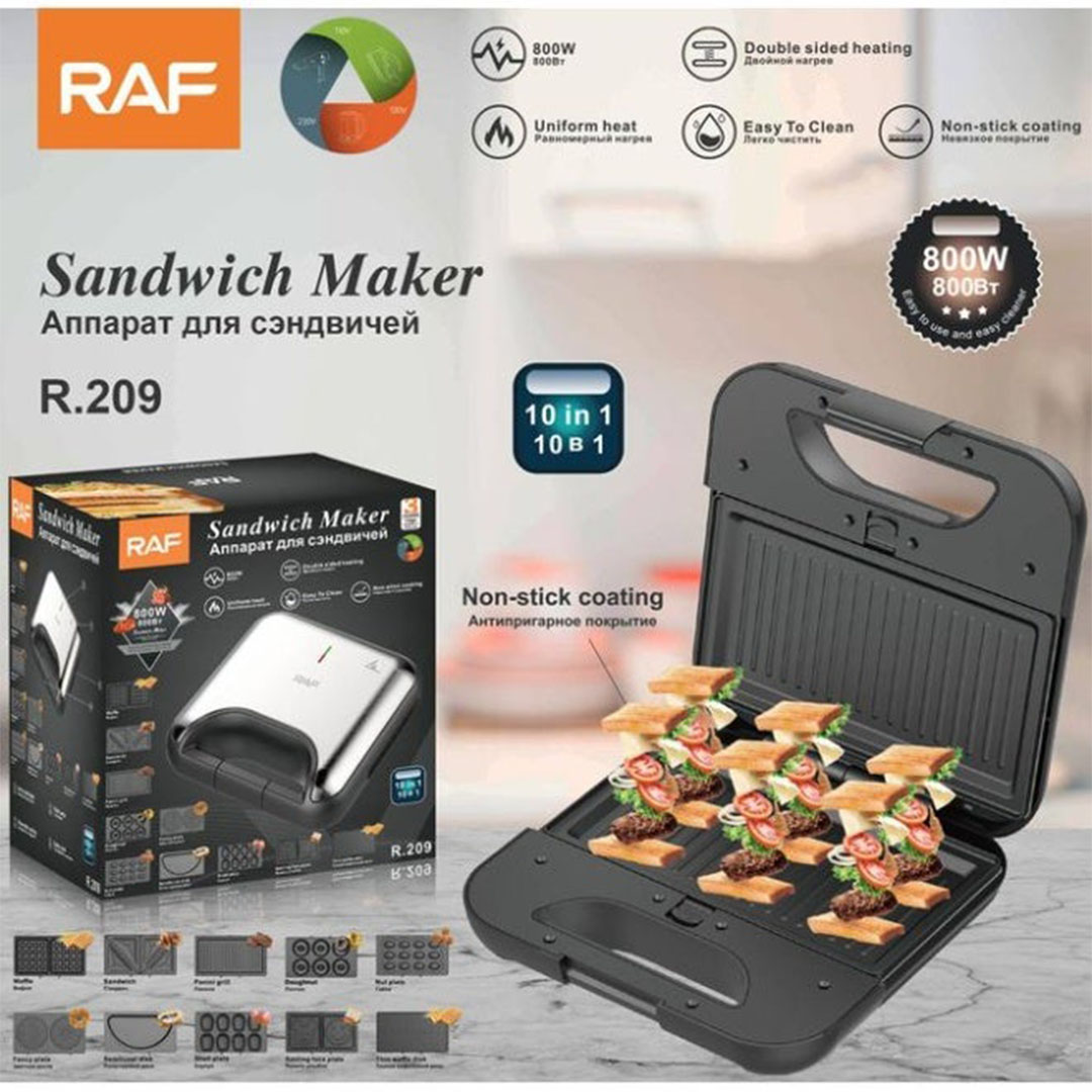 ماكينة صنع الساندويتش من راف - 800 وات - 10* 1 - أسود / فضي - R.209