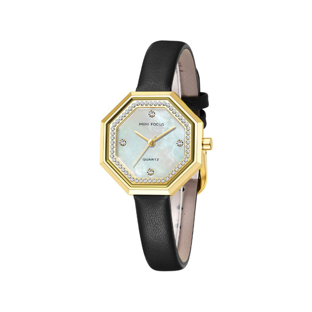 ساعة كوارتز حريمي بسوار جلدي - أسود/أبيض - MF0304L