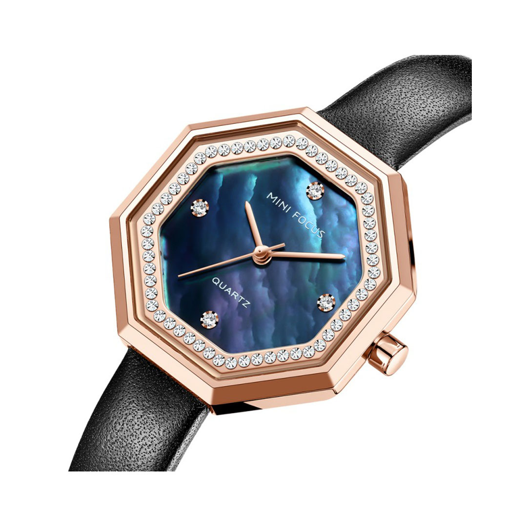 ساعة كوارتز حريمي بسوار جلدي - أزرق/أسود - MF0304L