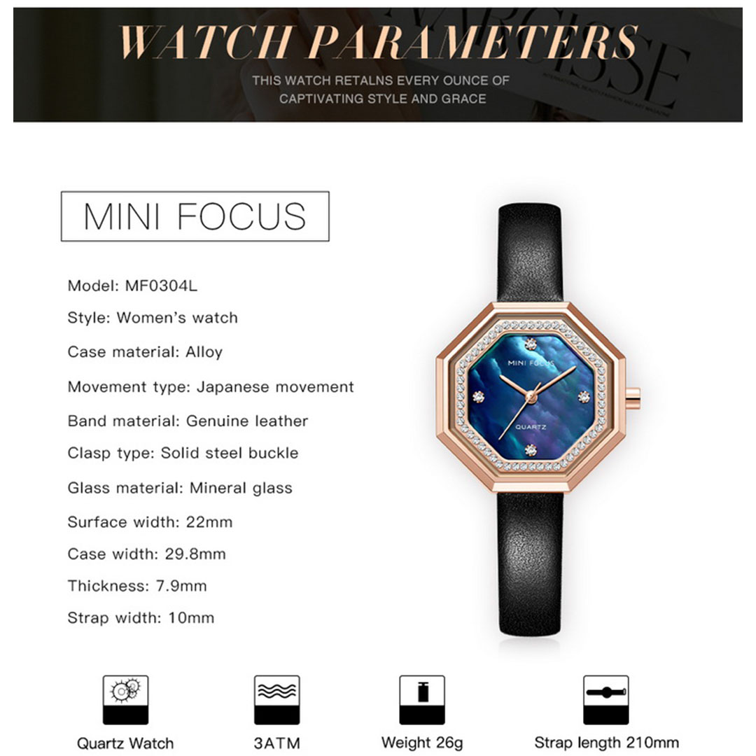 ساعة كوارتز حريمي بسوار جلدي - أزرق/أسود - MF0304L