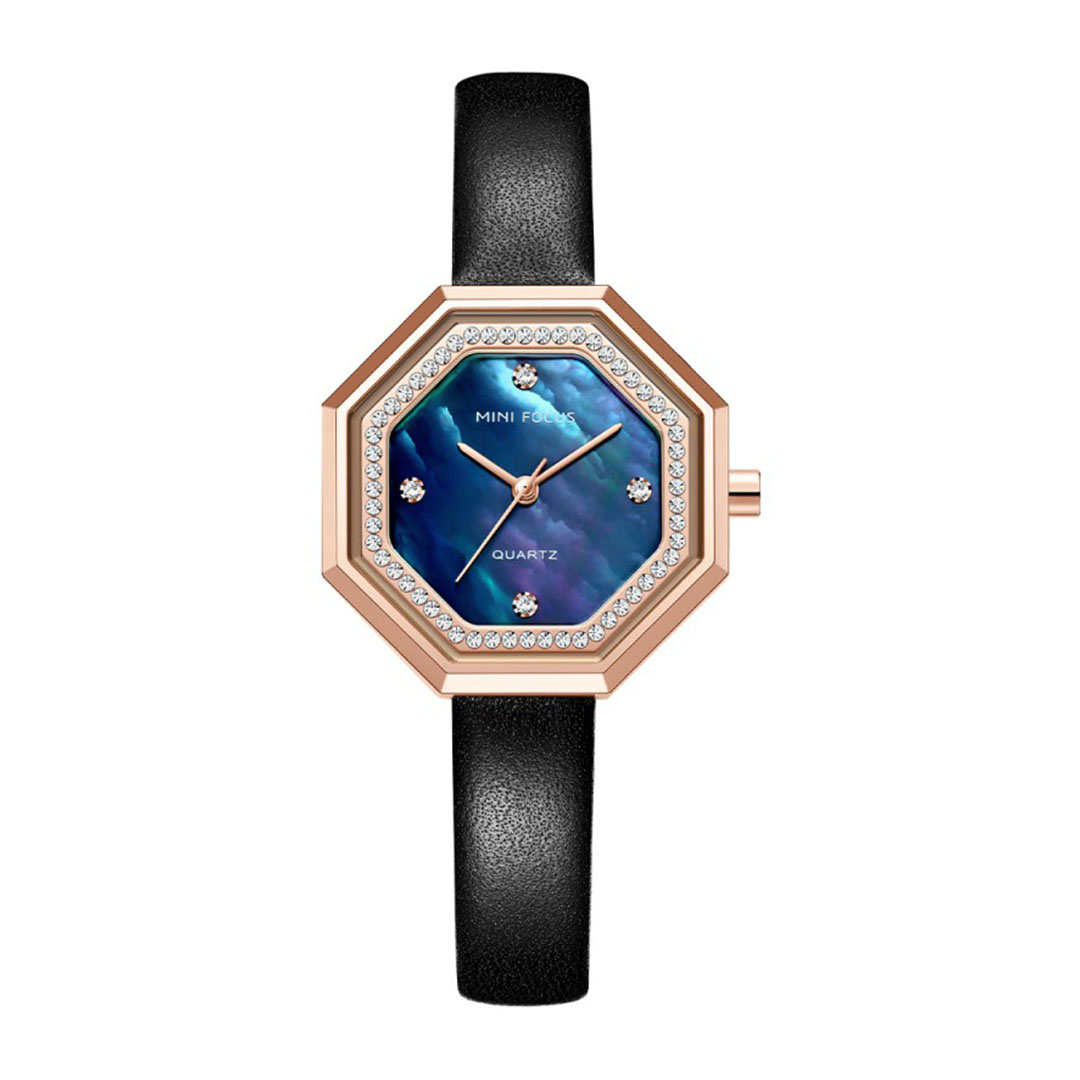 ساعة كوارتز حريمي بسوار جلدي - أزرق/أسود - MF0304L