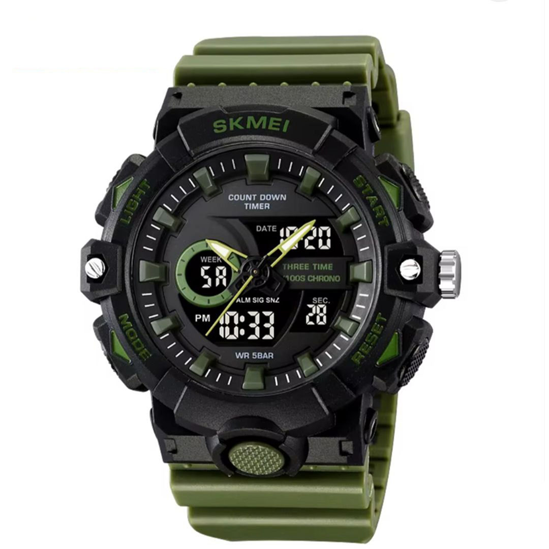 ساعه سكمي رياضيه مزدزجه رقميه للجنسين - أسود/أخضر