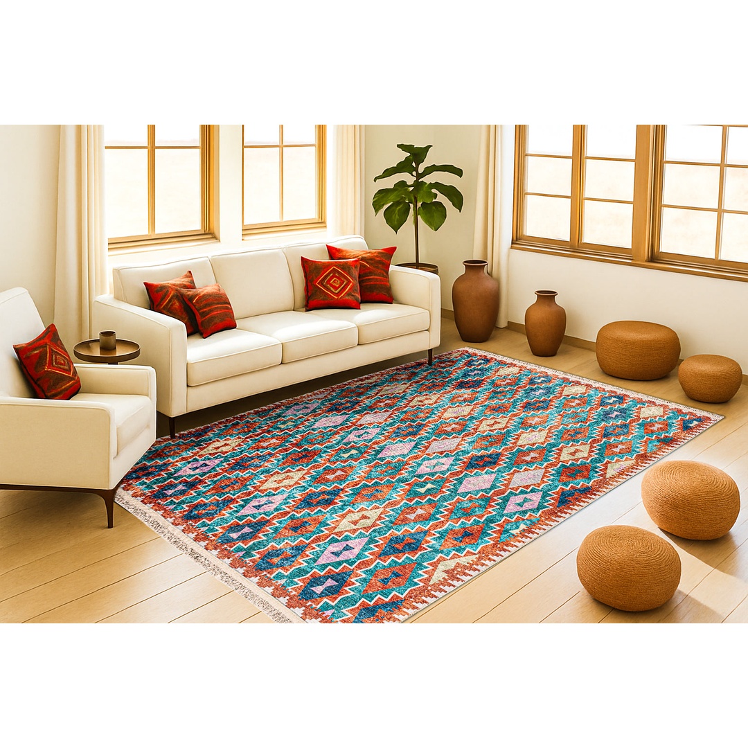 سجادة منسوجة ديجيتال - بدوي - تركواز/بيج