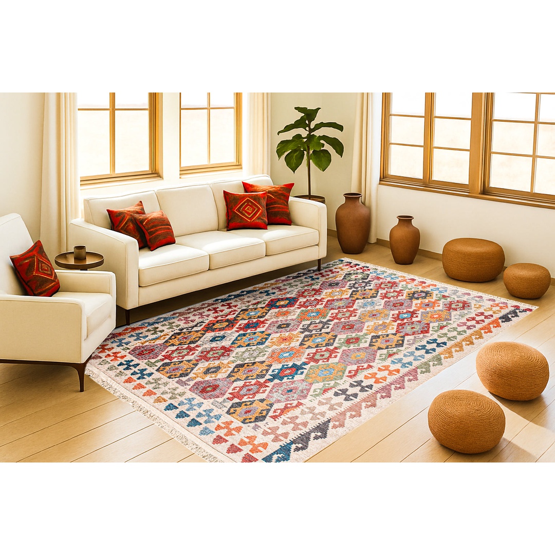 سجادة منسوجة ديجيتال - بدوي - بيج/أحمر/أزرق