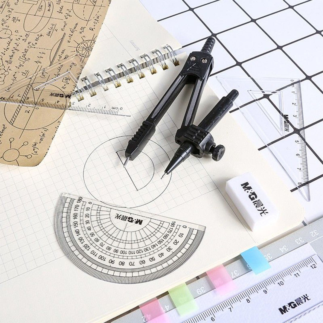 مجموعة أدوات رسم للطلاب - برجل ومسطرة وأدوات هندسية متعددة
