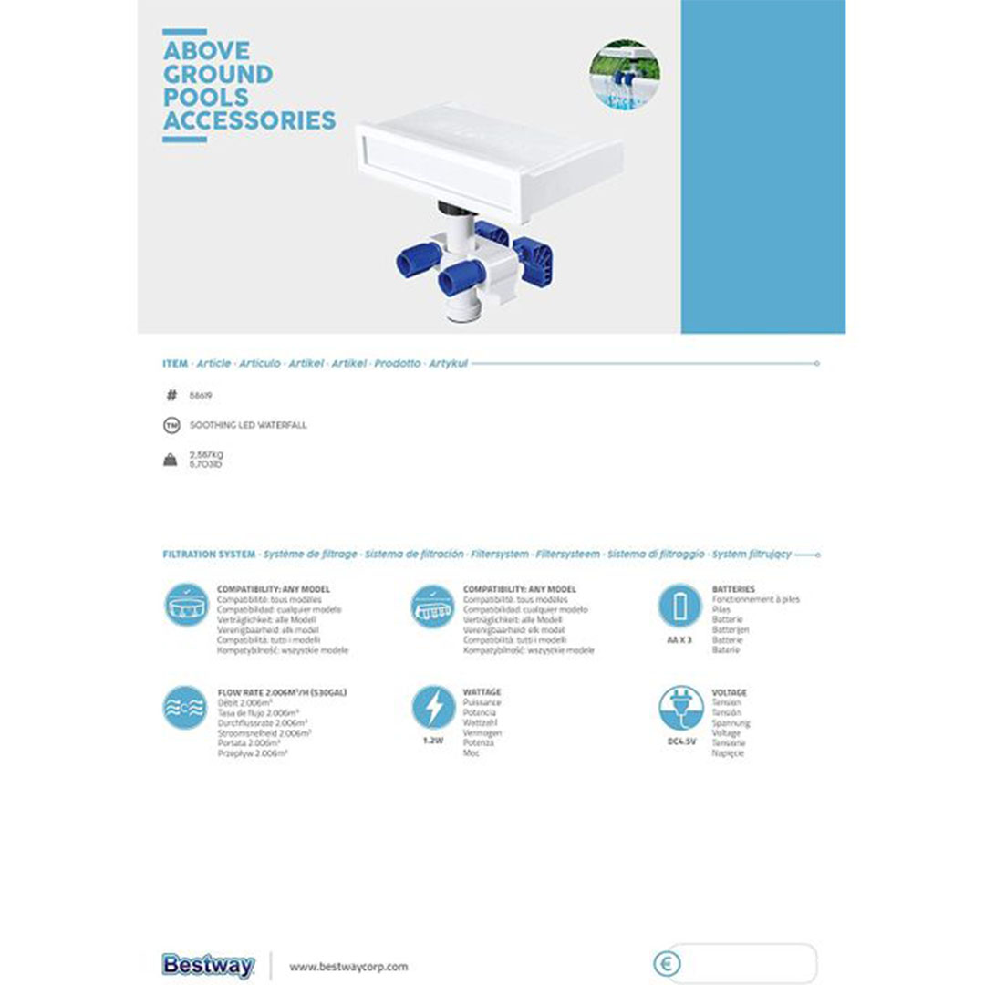 شلال مياه بيست واي مع إضاءة LED لتهدئة وتنقية مياه المسابح