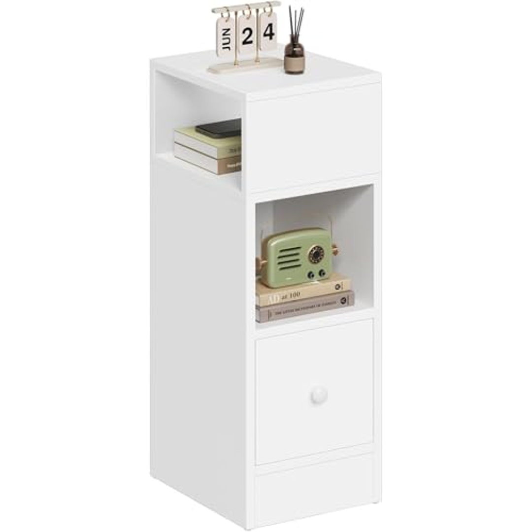 كومود طويل أبيض مع درج وفتحات تخزين - 25×30×66 سم