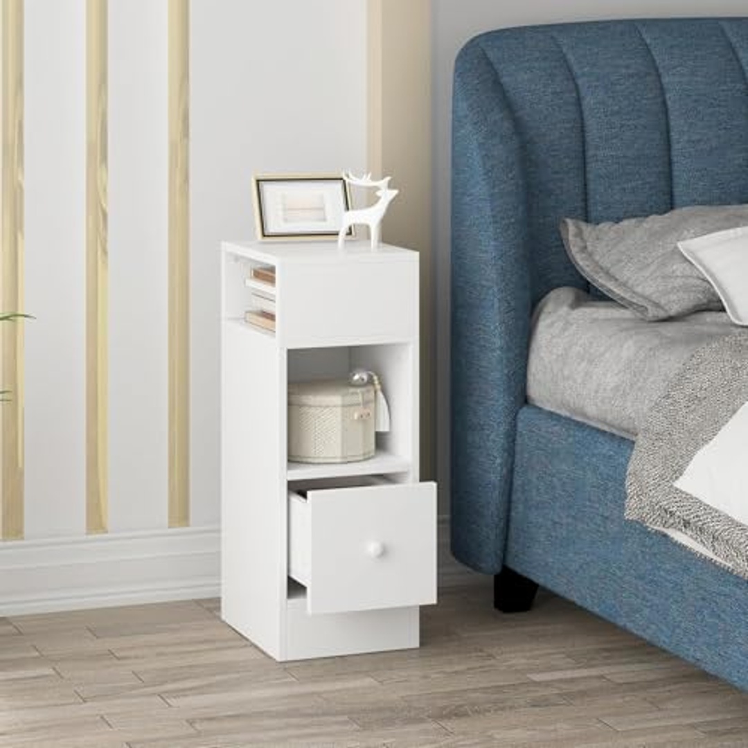 كومود طويل أبيض مع درج وفتحات تخزين - 25×30×66 سم