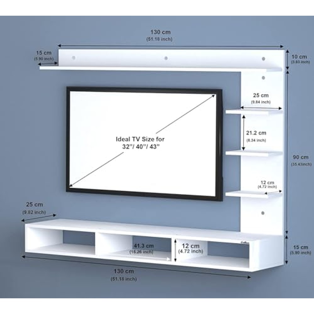 وحدة تلفزيون معلّقة - مناسبة لتلفزيونات 32–43 بوصة - 130×112×25 سم - أبيض