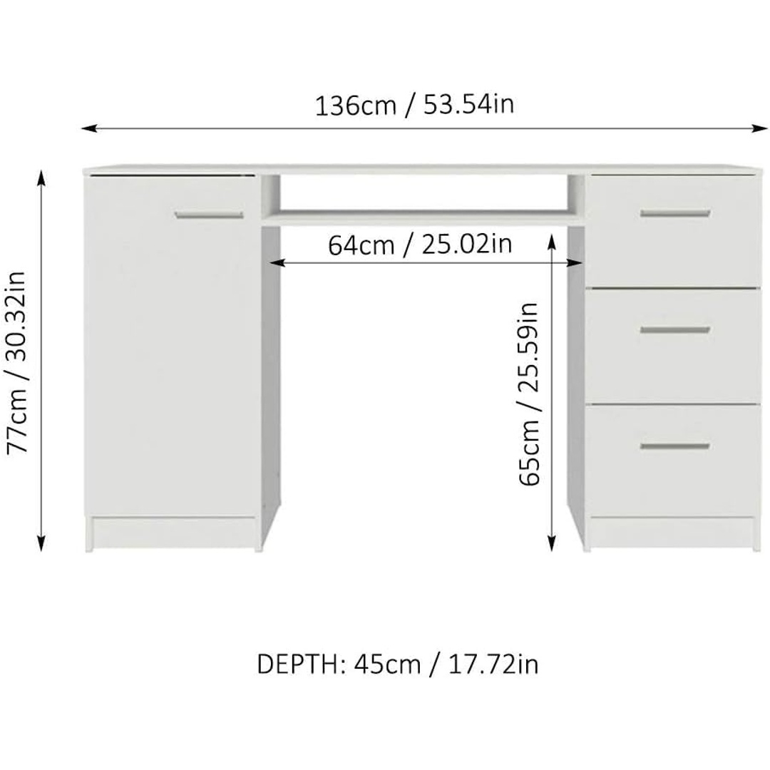 مكتب كمبيوتر بـ 3 أدراج - 136 سم - أبيض