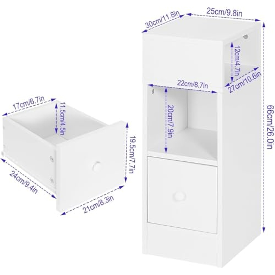 كومود طويل أبيض مع درج وفتحات تخزين - 25×30×66 سم