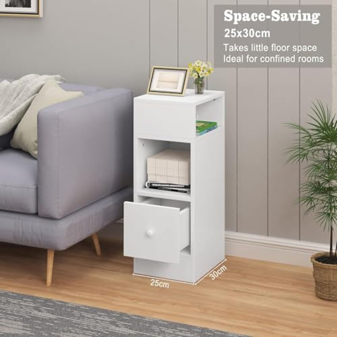 كومود طويل أبيض مع درج وفتحات تخزين - 25×30×66 سم