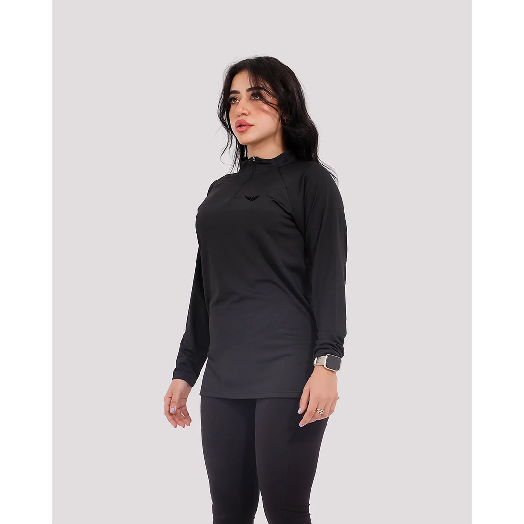 تيشيرت رياضي حريمي بكم طويل وياقة عالية - أسود