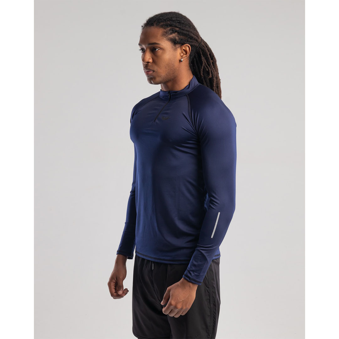 تيشيرت رجالي رياضي بكم طويل وياقة عالية - أزرق غامق
