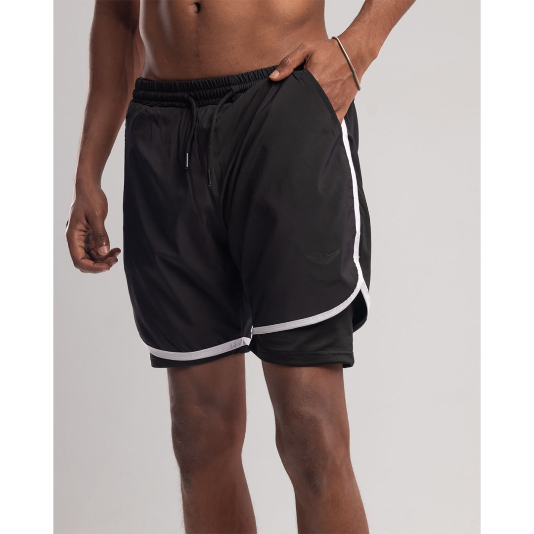 شورت رجالي رياضي مزدوج للجري والتمرين - أسود