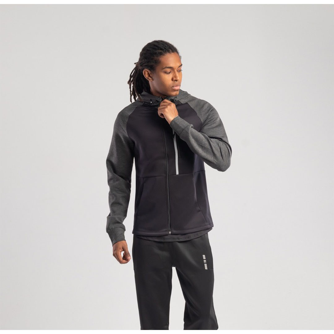 جاكيت رجالي بغطاء رأس وشريط عاكس - أسود