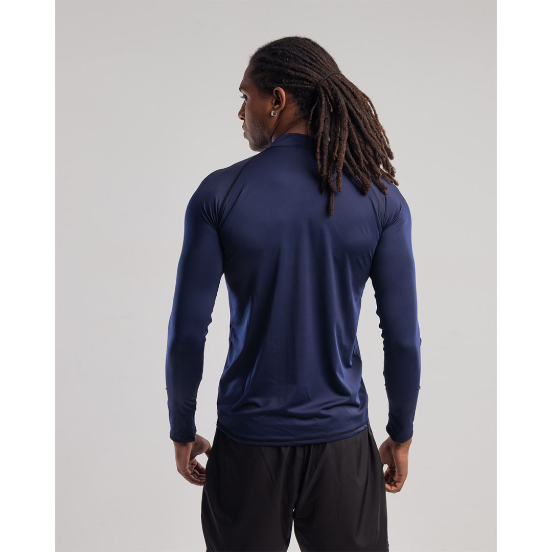 تيشيرت رجالي رياضي بكم طويل وياقة عالية - أزرق غامق