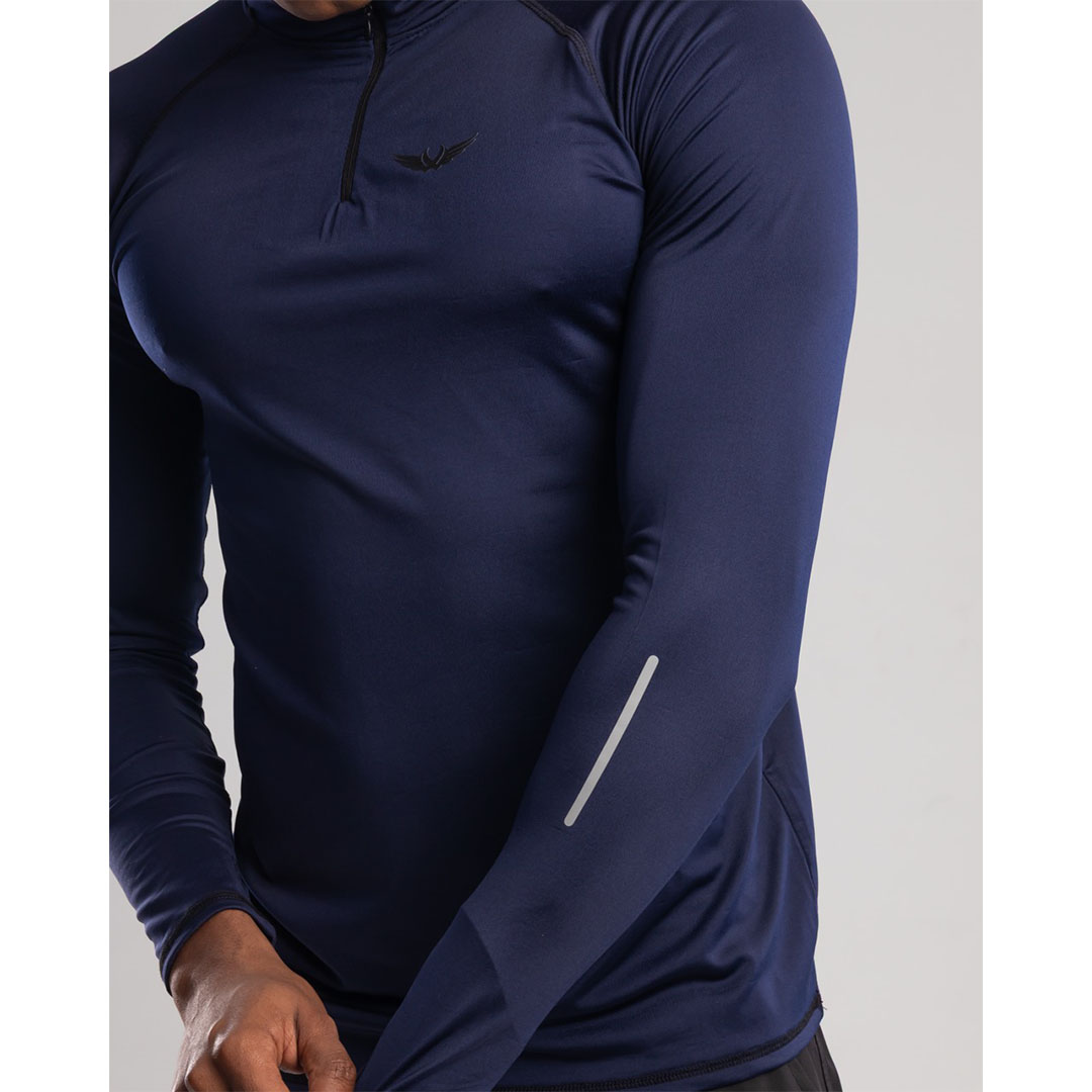 تيشيرت رجالي رياضي بكم طويل وياقة عالية - أزرق غامق