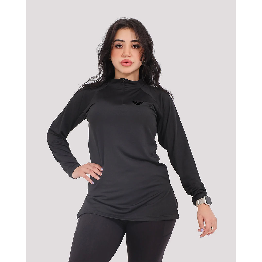 تيشيرت رياضي حريمي بكم طويل وياقة عالية - أسود