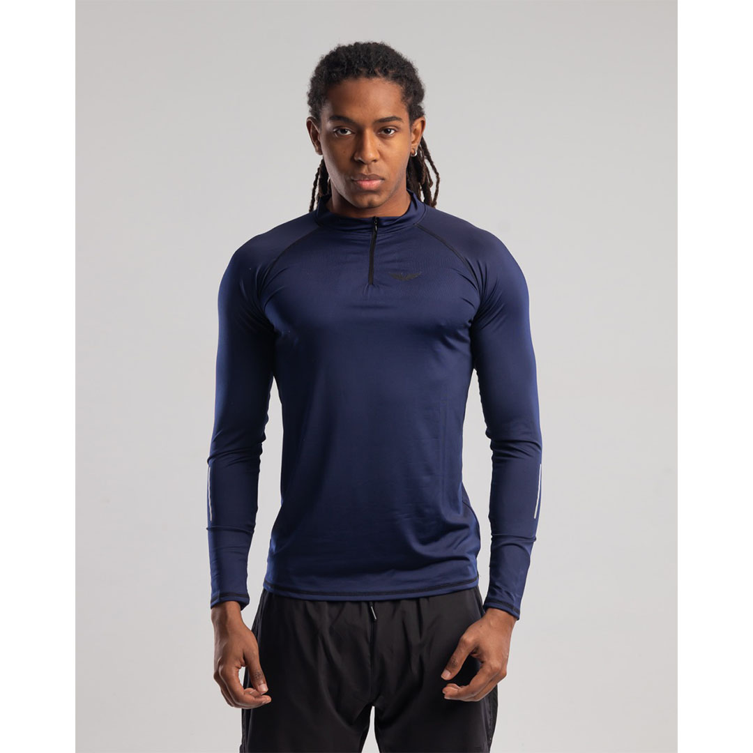 تيشيرت رجالي رياضي بكم طويل وياقة عالية - أزرق غامق