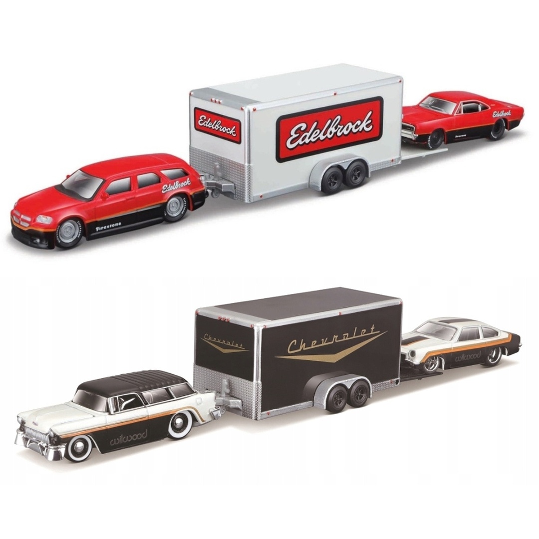 عربة مع مقطورة و لعبة سيارة اضافية أحمر 1/64 - 11404