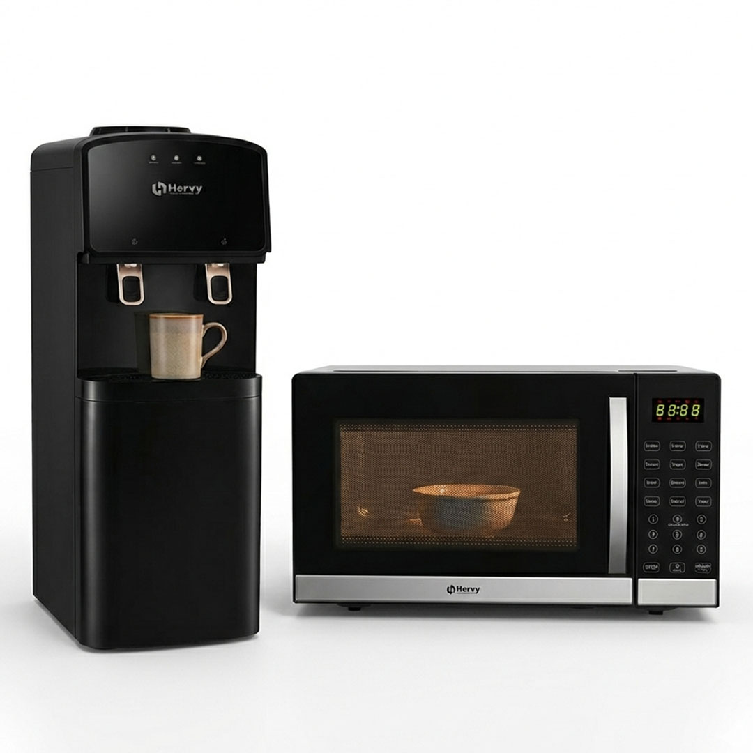 ثلاجة مياه باردة/ساخنة - 550 واط - خزان مياه ساخن سعة 0.8 لتر - أسود مع ميكروويف هيرفي 30 لتر - 950 وات - أسود