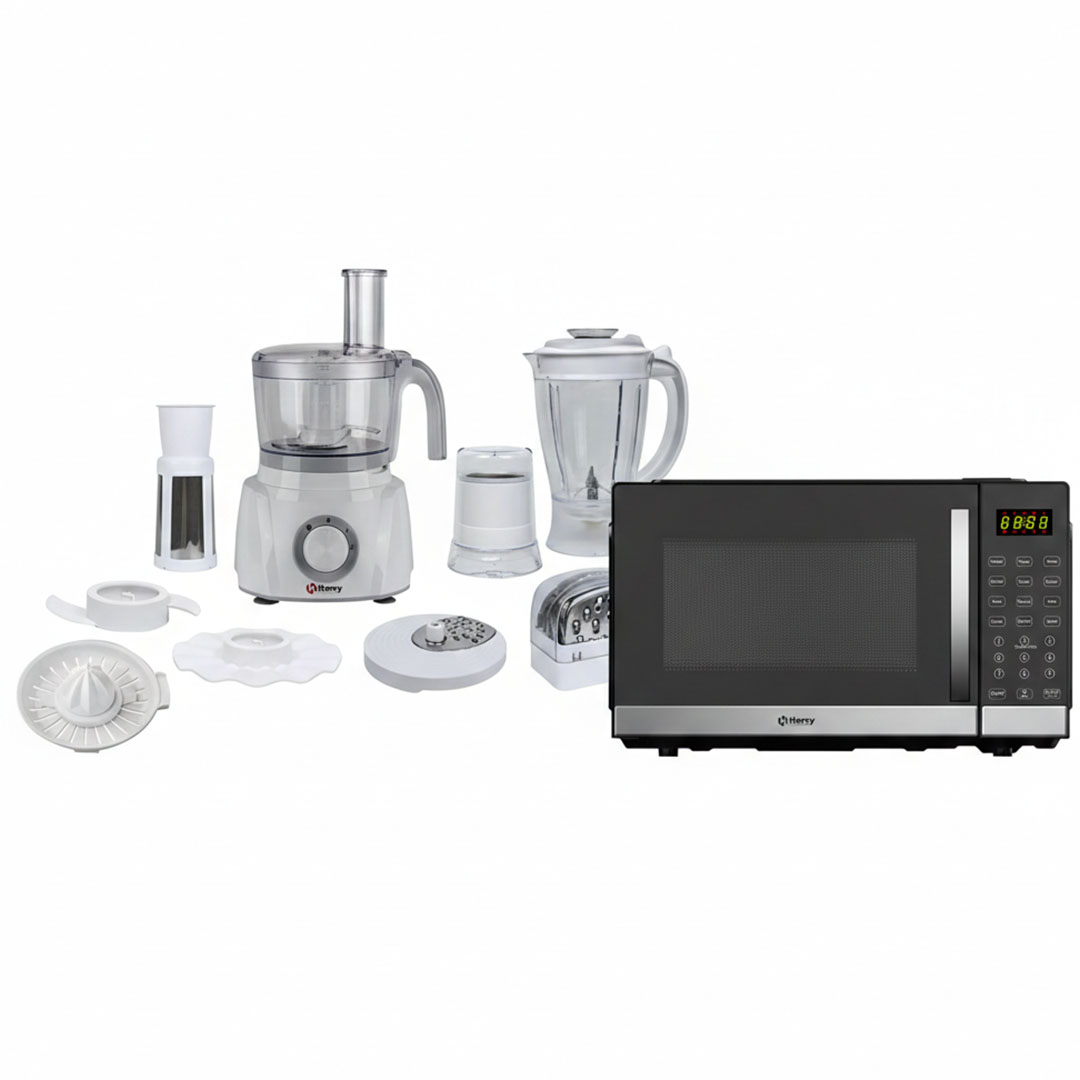 ميكروويف هيرفي 30 لتر - 950 وات - أسود مع محضرة طعام متعددة الوظائف 1000 واط - 30 وظيفة - إبريق سعة 1.5 لتر - مفرمة سعة 1 لتر - أبيض
