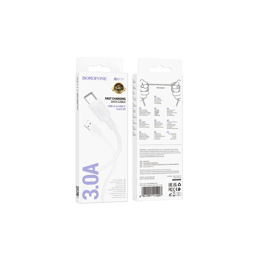 كابل بيانات وشحن بوروفون - USB/تايب سي - 1 متر - أبيض - BX111