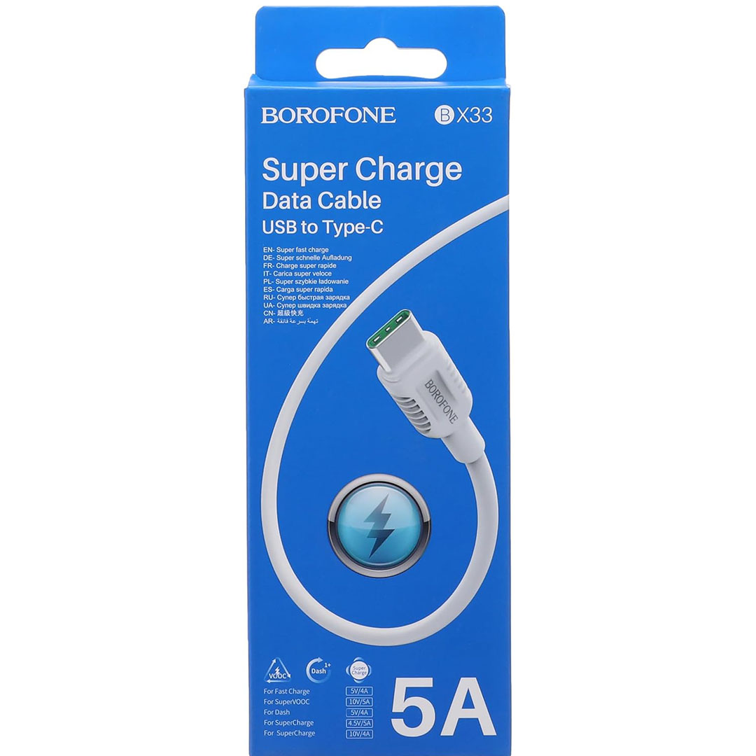 كابل بيانات وشحن بوروفون - USB/تايب سي - 1 متر - أبيض - BX33