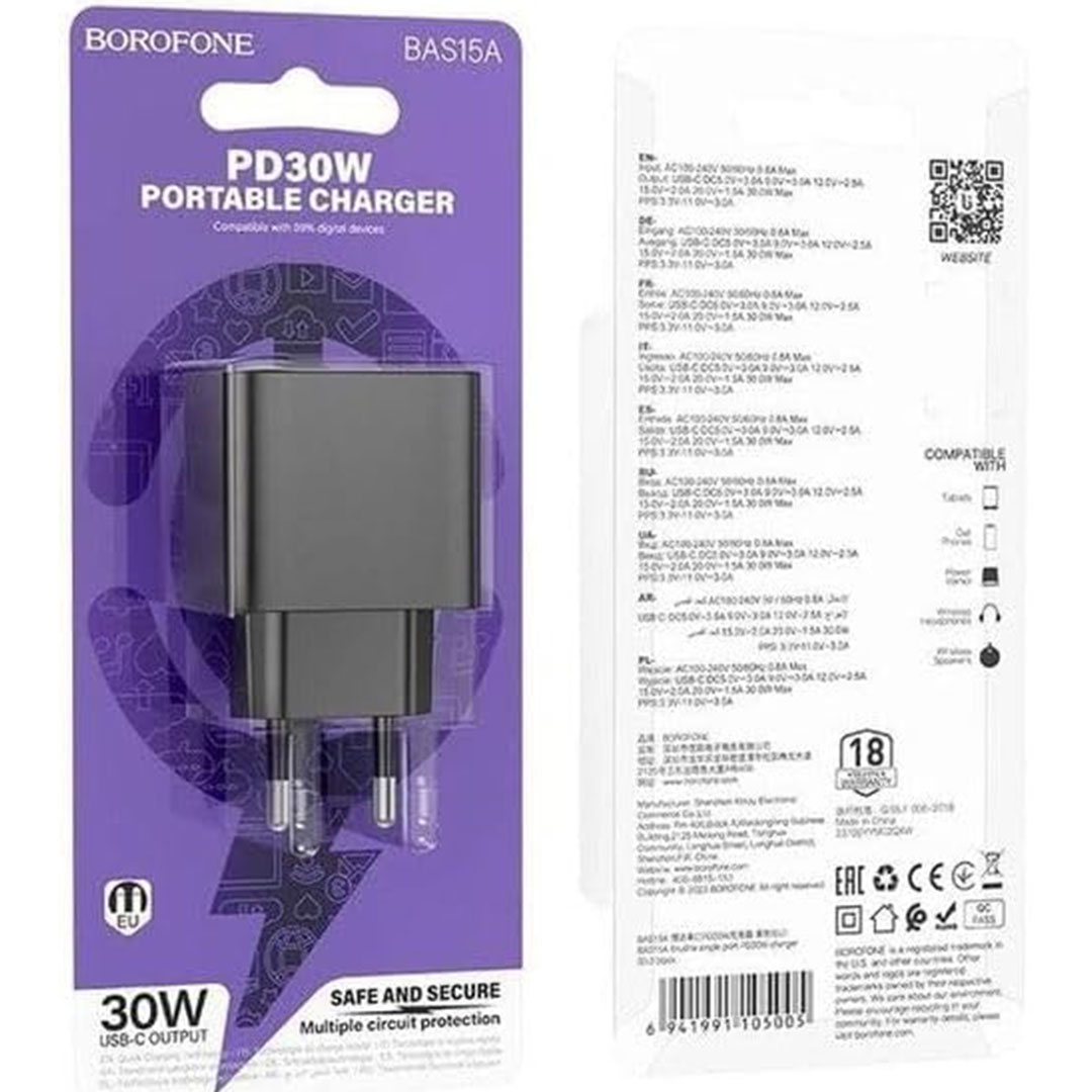 شاحن حائط سريع من بوروفون - تايب سي - 30 وات - أسود - BAS15A