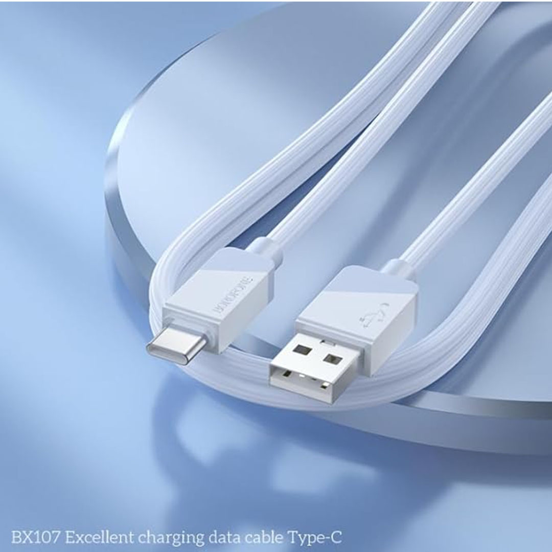 كابل بيانات وشحن بوروفون - USB/تايب سي - 3 متر - أبيض - BX107
