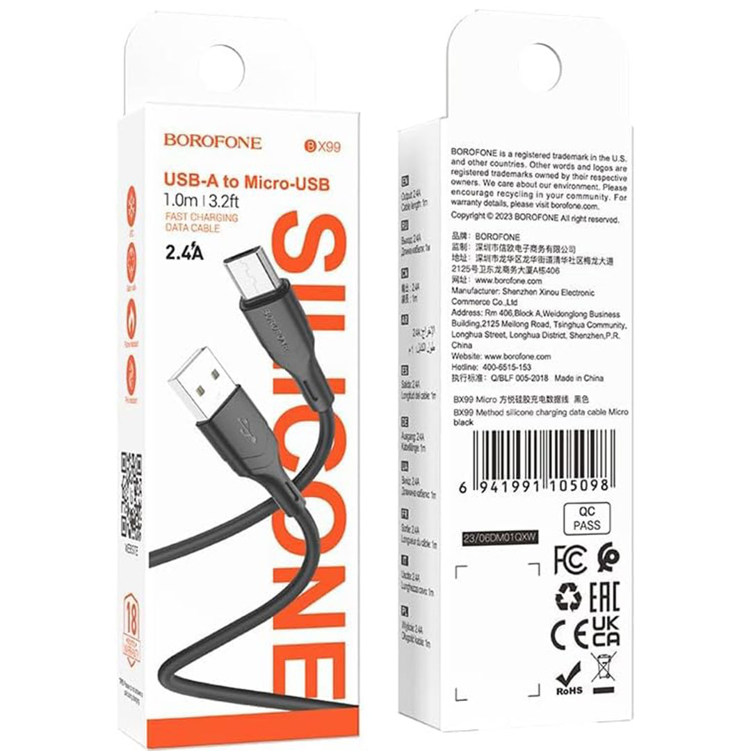 كابل بيانات وشحن بوروفون - USB/ميكرو - 1 متر - أسود - BX99
