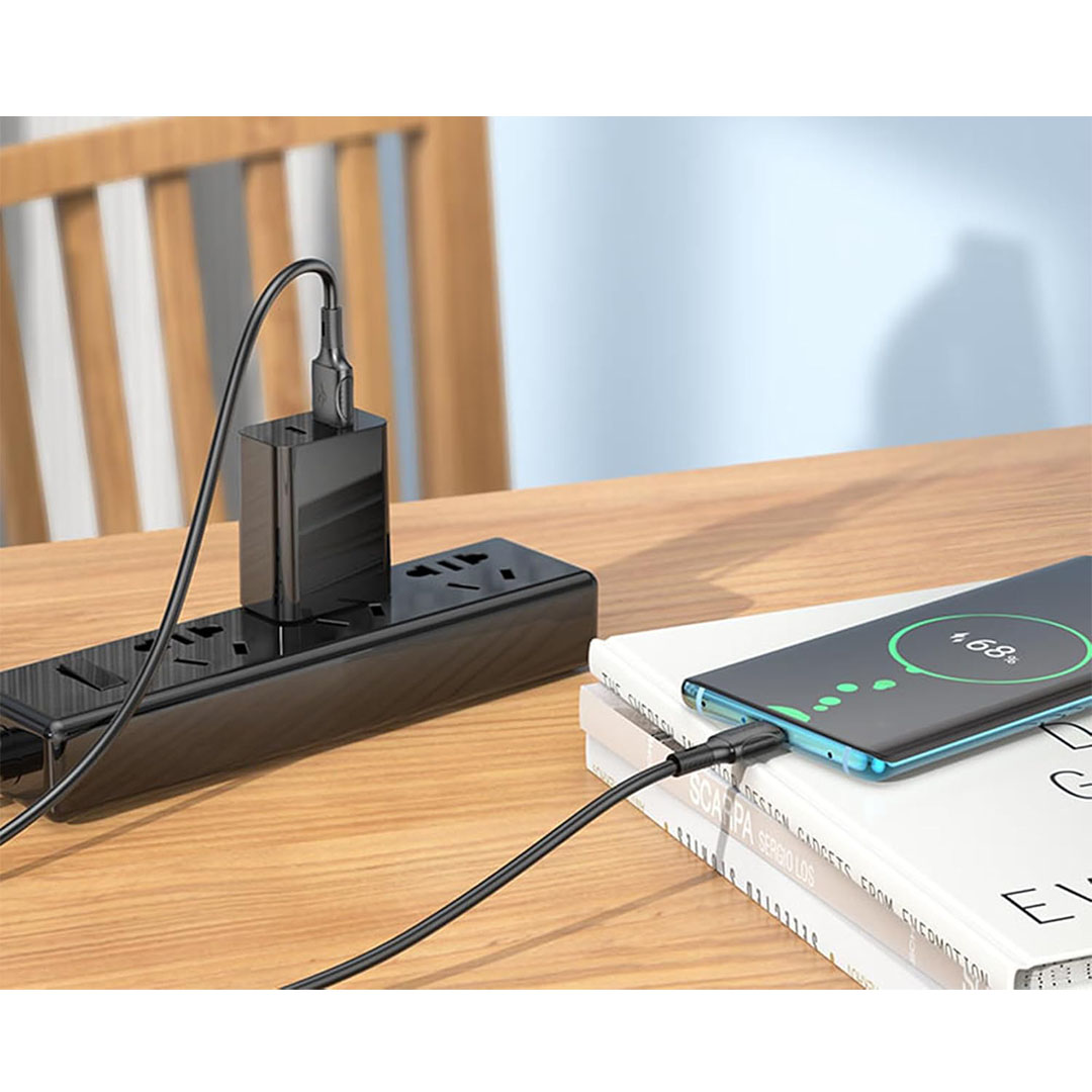 كابل بيانات وشحن بوروفون - USB/تايب سي - 1 متر - أسود - BX80