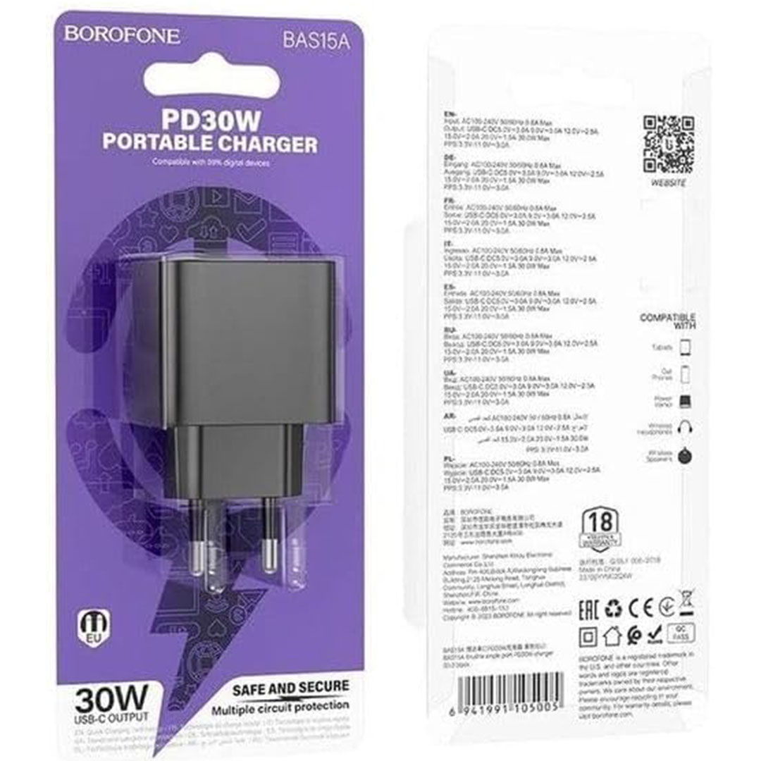 شاحن حائط سريع من بوروفون - تايب سي - 30 وات - أسود - BAS15A