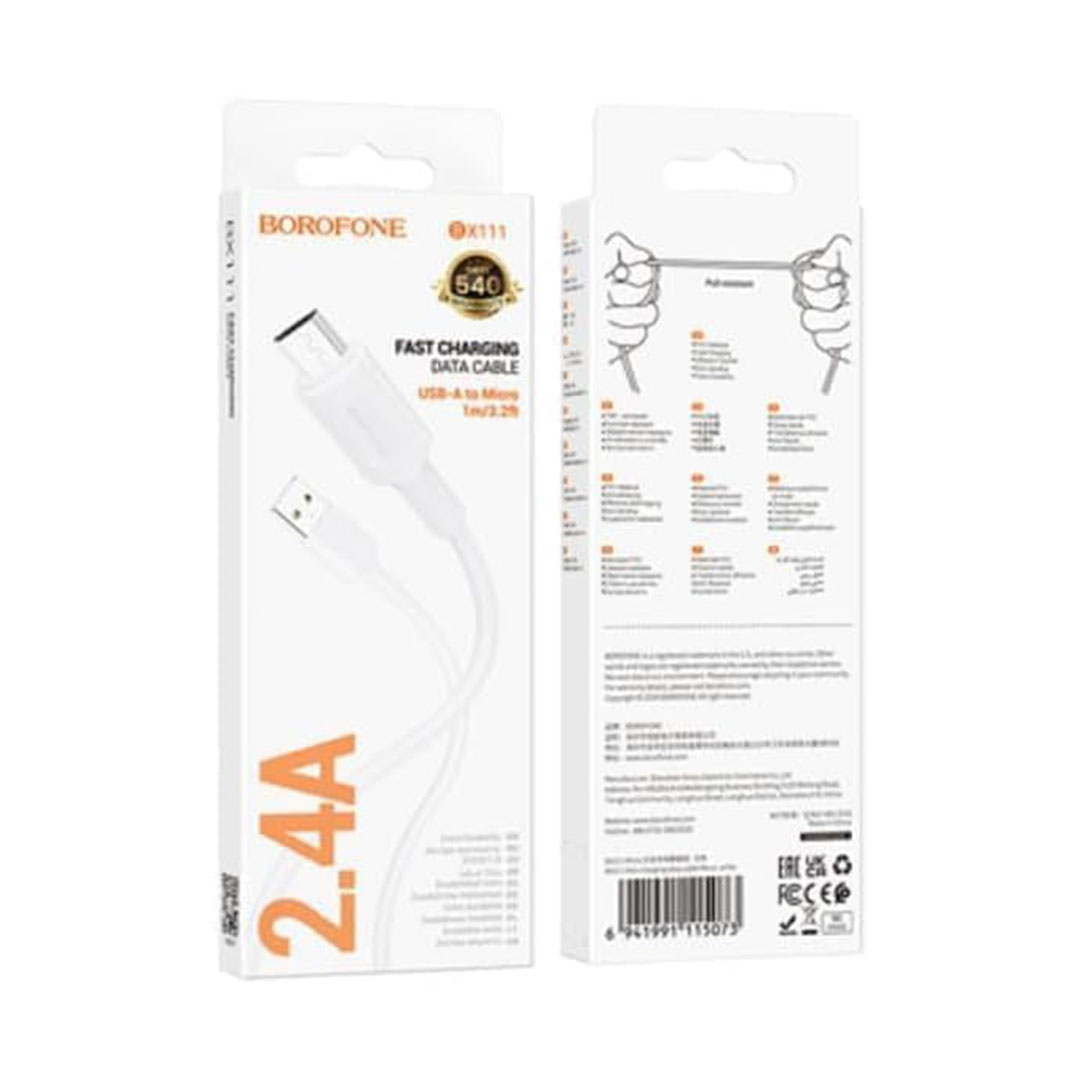 كابل بيانات وشحن بوروفون - USB/ميكرو - 1 متر - أبيض - BX111