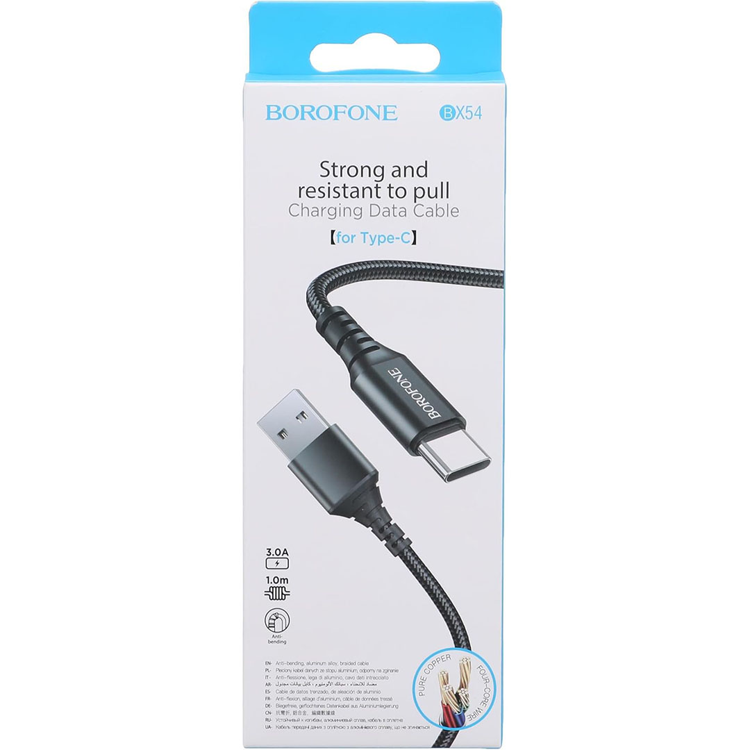 كابل بيانات وشحن بوروفون - USB/تايب سي - 1 متر - أسود - BX54