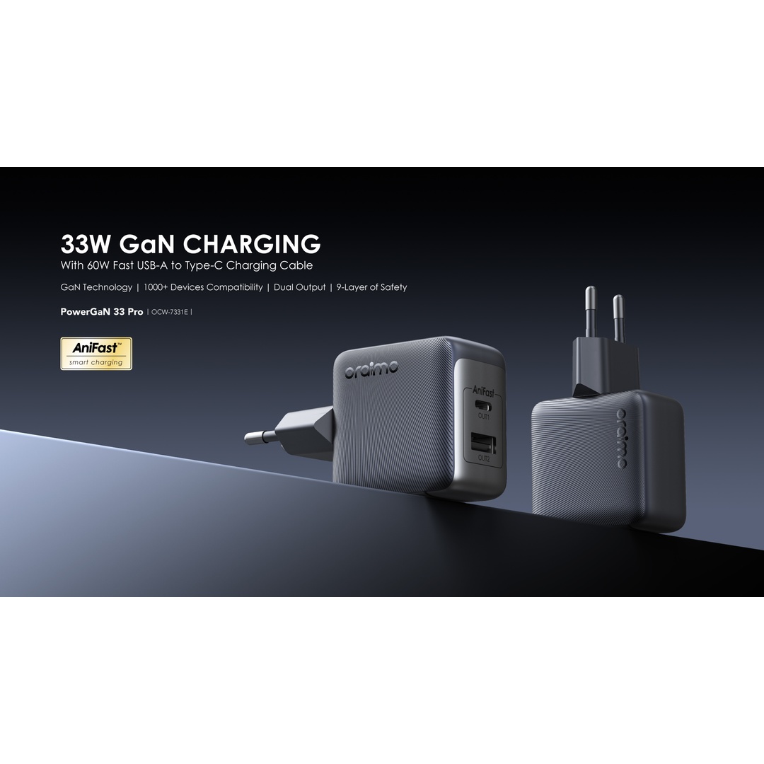 شاحن أورايمو 33 Pro سريع بمخرجين مع كابل - 33 وات - أسود - OCW-7331E