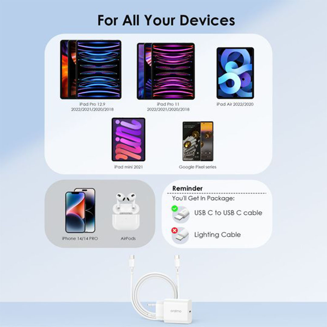 شاحن حائط سريع بمخرج + كابل type-C من أورايمو- 20 وات - أبيض